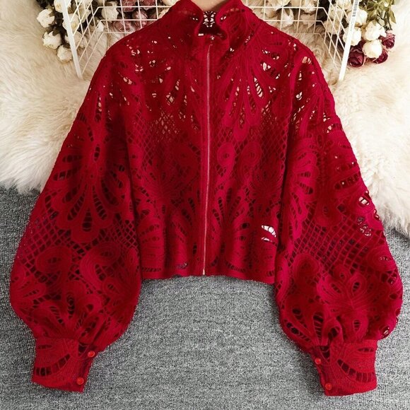 Tops - Red Elegant Women's Stand-Up Collar Lace Loose Lantern Long-Sleeved Shirt